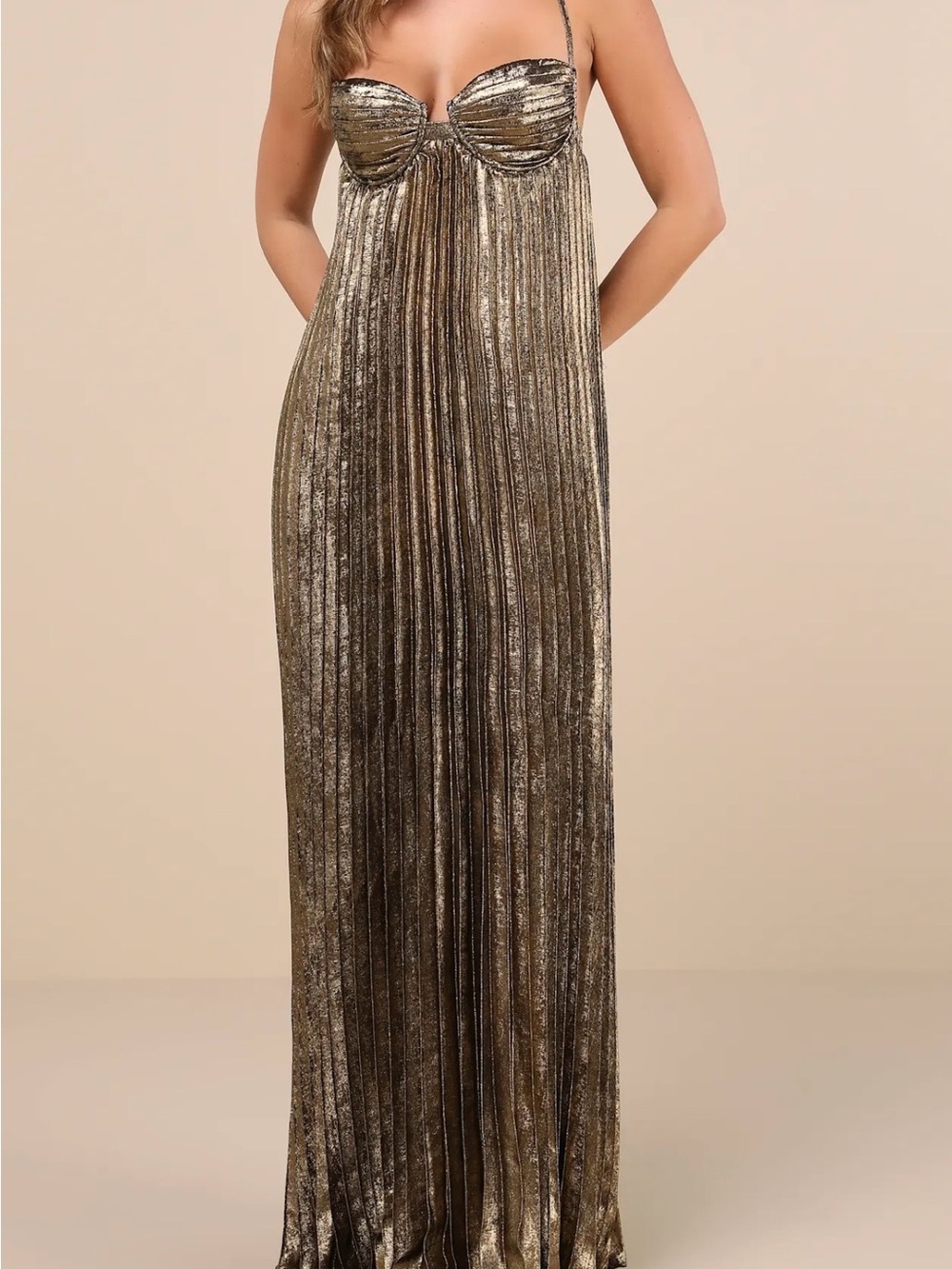 Lulu's Metallic Gold Pleated Maxi Dress with Delicate Straps